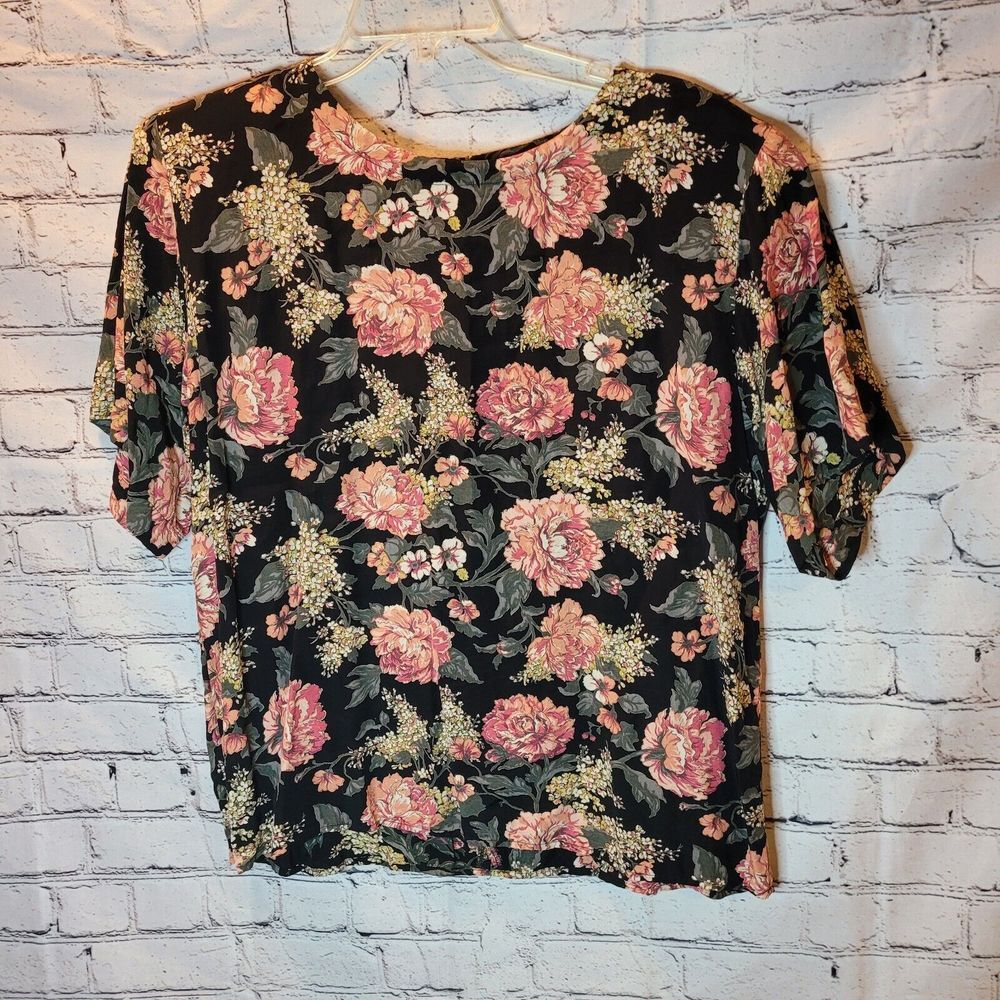 Toffs Floral Blouse Women 16 Black Pink Excellent Vintage 90s Rayon Short Sleeve
